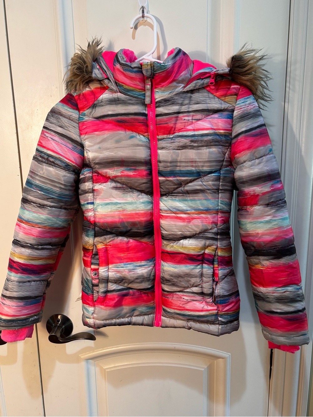SO Girls Striped Puffer Jacket Hood Faux Fur Trim Full Zip Pockets M 10 see Desc